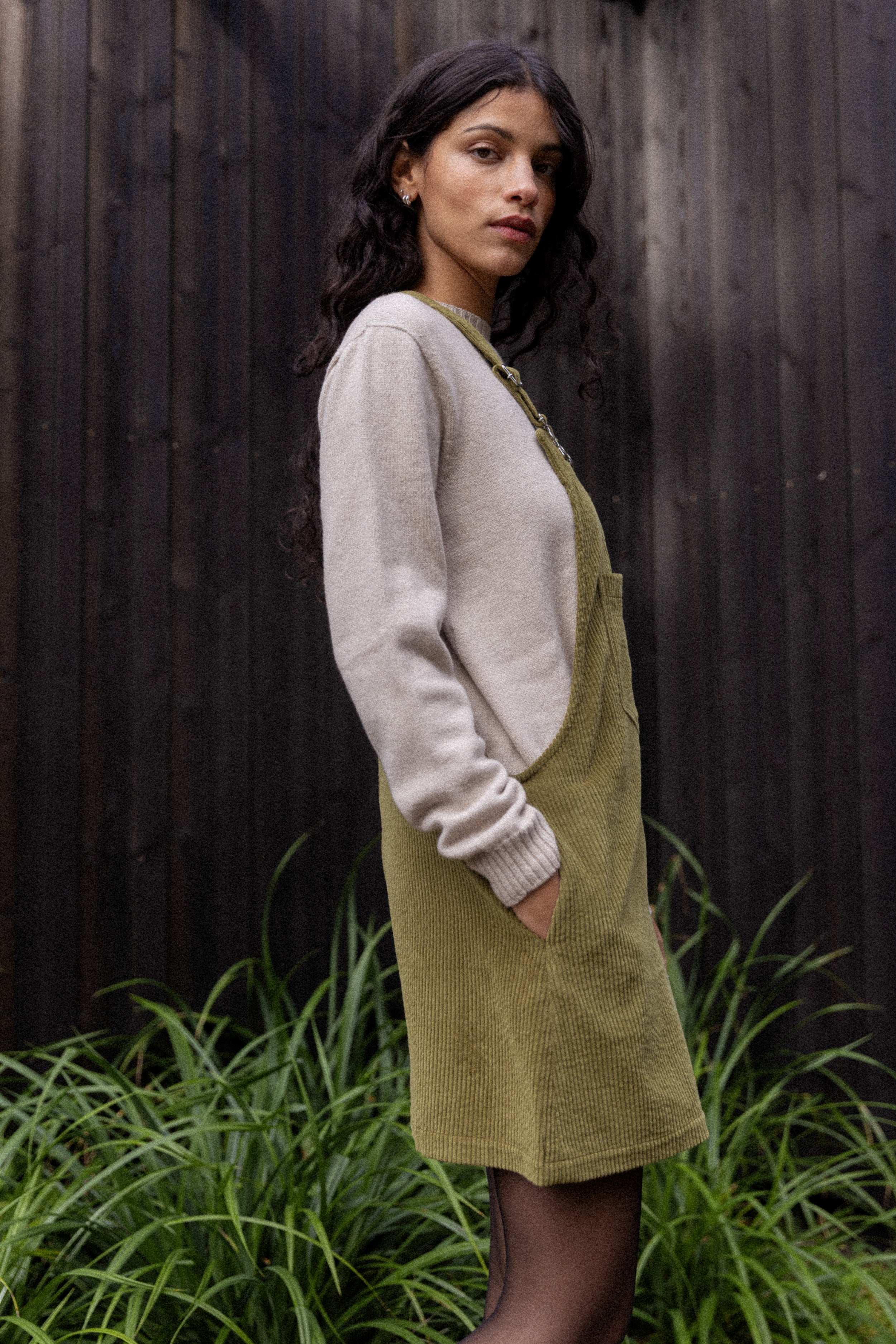 Robe salopette Velours Olive